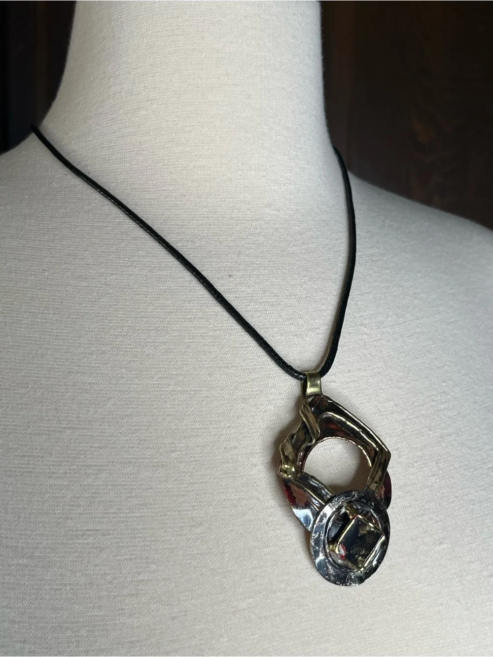 Vintage Inspired Brutalist Pendant Necklace Mixed Metal Geometric Artisan Boho